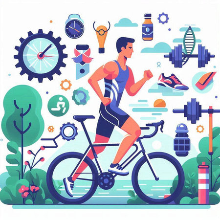 Cyclist in sportswear is engaged in fitness. Vector illustration in flat styleのイラスト素材