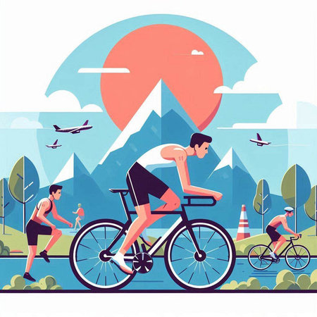 Cyclists in the park. Flat style vector illustration. Sport and recreation.のイラスト素材
