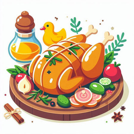 Roast turkey with spices and herbs on a white background. Vector illustration.のイラスト素材