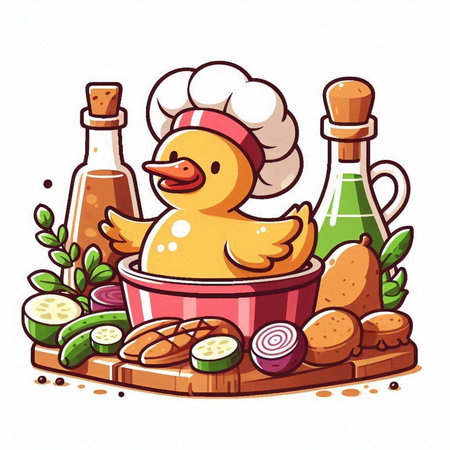 Illustration of a duck in a bathtub with ingredients for cookingのイラスト素材