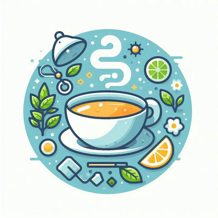 Cup of tea with lemon and mint. Vector illustration in flat style.のイラスト素材