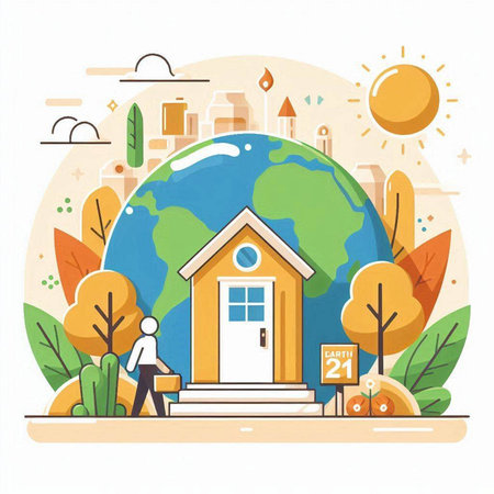 Vector illustration of a man walking near a school building and globe.のイラスト素材
