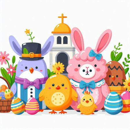 Easter greeting card with cute bunny, chick, chicken and Easter eggs.のイラスト素材