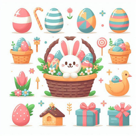 Easter set with eggs and bunny in basket. Vector illustration.のイラスト素材
