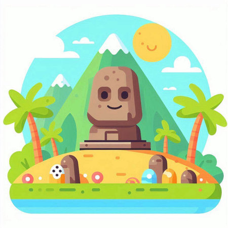 Mountain landscape with stone statues. Vector illustration in flat style.のイラスト素材