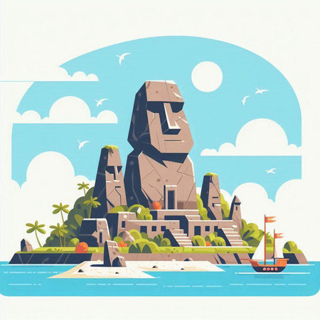 Stone temple on the island. Vector illustration in a flat style.のイラスト素材