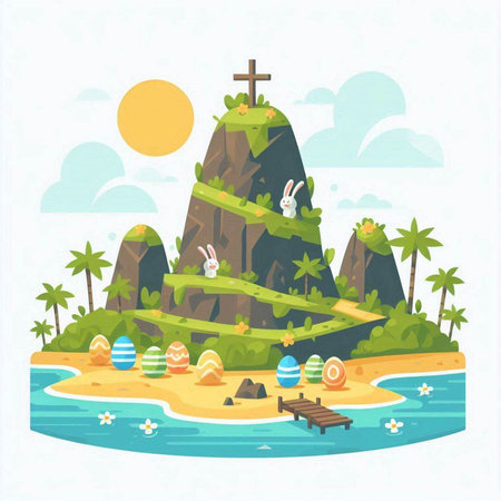 Vector illustration of the island in the sea with a cross on the islandのイラスト素材