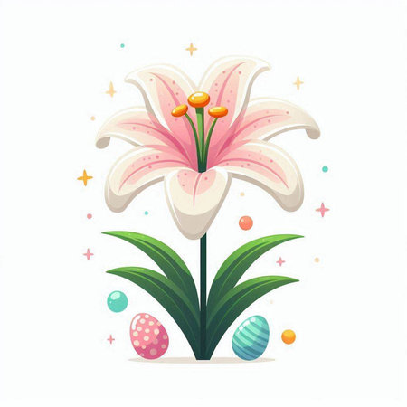 Easter greeting card with lily flower and eggs. Vector illustration.のイラスト素材