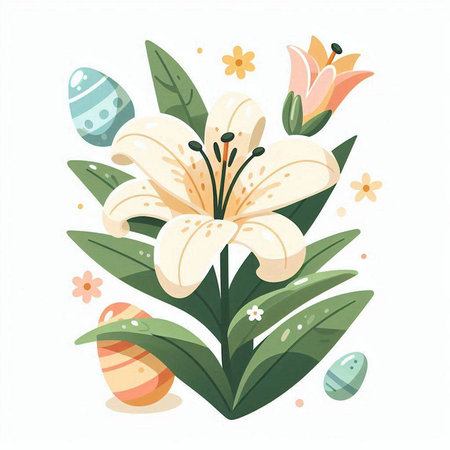 Easter greeting card with lily flowers and eggs. Vector illustration.のイラスト素材
