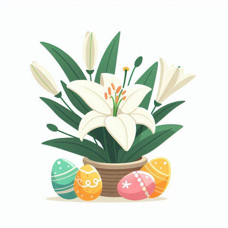 Easter eggs and lily flower. Vector illustration on white background.のイラスト素材