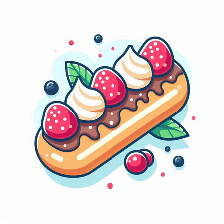Chocolate eclair with berries and whipped cream. Vector illustration.のイラスト素材