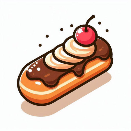 Eclair with cream and cherry on white background. Vector illustration.のイラスト素材