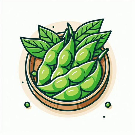 Bowl of green soy beans with green leaves. Vector illustration.のイラスト素材