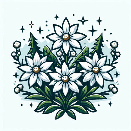 Hand drawn vector illustration of white flowers with green leaves and stars on blue background.のイラスト素材