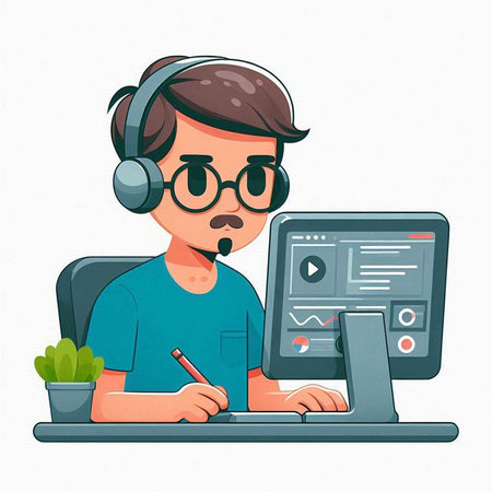 Young man working on computer. Vector illustration in flat cartoon style.のイラスト素材