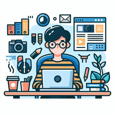 Freelancer man working at home. Freelance concept. Vector illustrationのイラスト素材