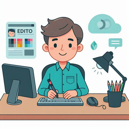 Illustration of a young man working at his desk in the officeのイラスト素材