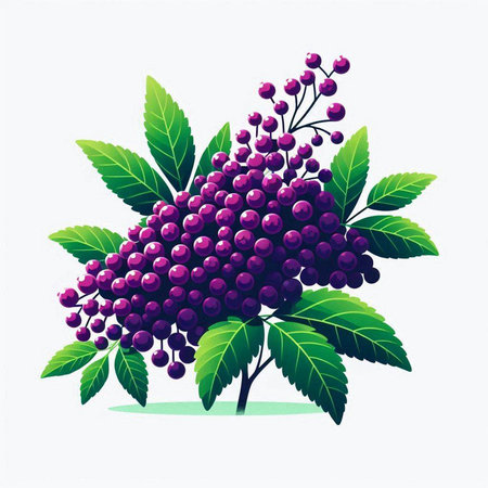 Bunch of black elderberry with green leaves. Vector illustration.のイラスト素材