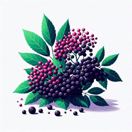 Bunch of black elderberry with leaves and berries, vector illustrationのイラスト素材