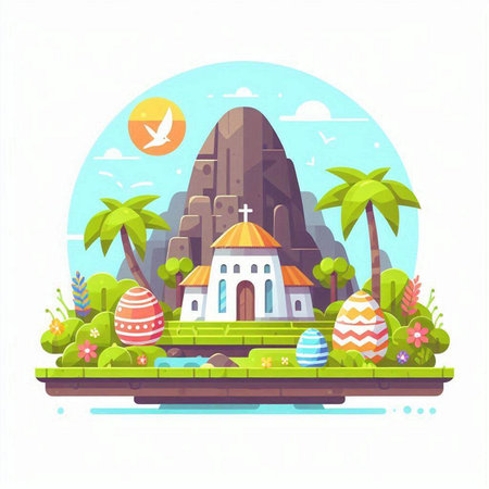 Easter holiday flat vector illustration. Religious buildingrated eggs, palm trees and seagulls on sky background.のイラスト素材