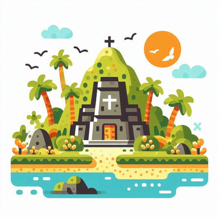 Buddhist temple in the sea. Vector illustration in flat styleのイラスト素材