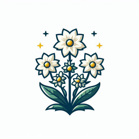 Vector illustration of daffodil flowers with leaves and stars.のイラスト素材