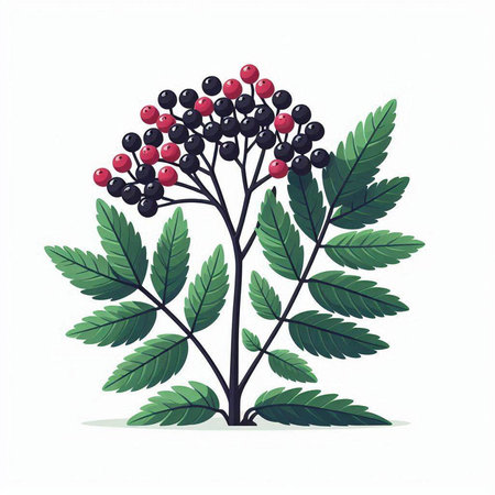 Sorbus aucuparia branch with berries and leaves. Vector illustration.のイラスト素材