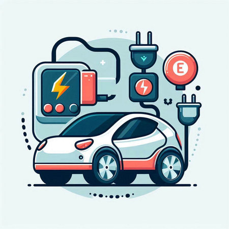 Electric car charging station. Electric vehicle charging station. Vector illustration in flat styleのイラスト素材