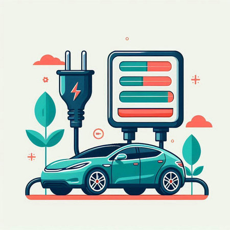 Electric car charging station, flat vector illustration. Electric vehicle charging station.のイラスト素材