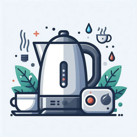 Vector illustration of modern electric kettle, coffee cup, tea bag.のイラスト素材