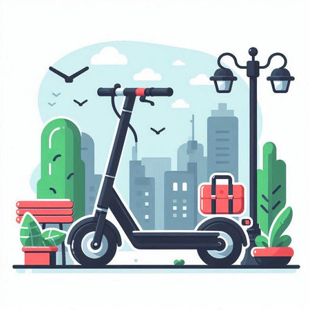 Modern electric scooter on the background of the city. Vector illustrationのイラスト素材