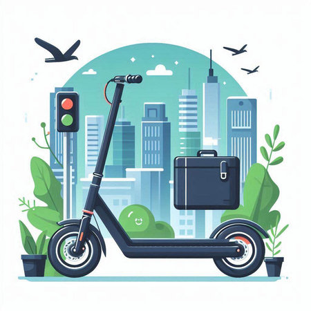 Electric scooter with briefcase on the background of the modern city. Vector illustrationのイラスト素材