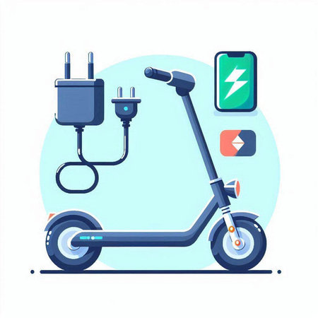 Electric scooter with charging cable. Vector illustration in flat style.のイラスト素材