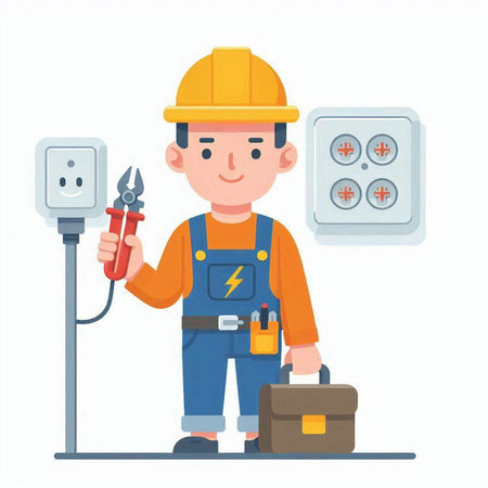 Electrician with tool. Vector illustration in a flat style on a white background.のイラスト素材