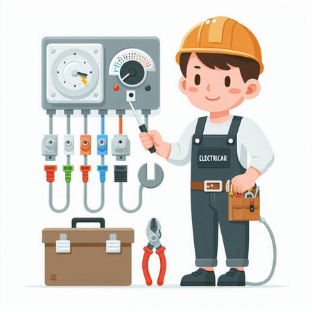 Electrician with tools. Vector illustration in cartoon style isolated on white background.のイラスト素材