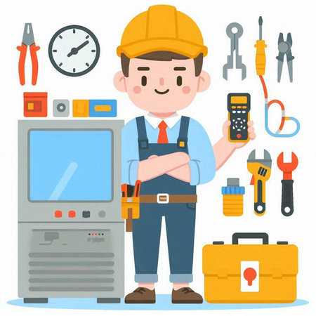 Worker man with tools. Flat style vector illustration isolated on white background.のイラスト素材