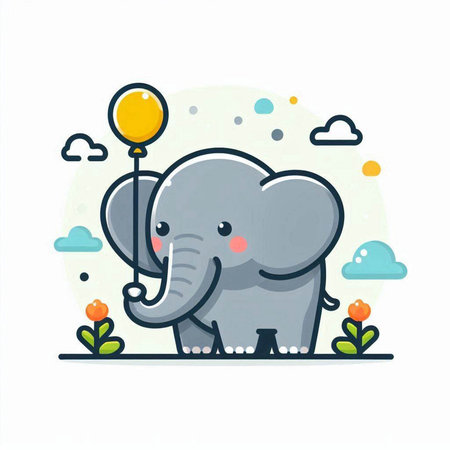 Cute elephant with balloon in hand. Vector illustration in cartoon styleのイラスト素材