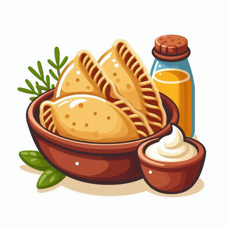 Vector illustration of a bowl of crepes with sour cream and herbsのイラスト素材