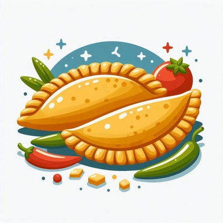 Illustration of a tasty pie with tomato and chili pepper on a white backgroundのイラスト素材