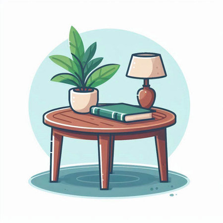Wooden table with lamp, books and plant. Vector illustration.のイラスト素材