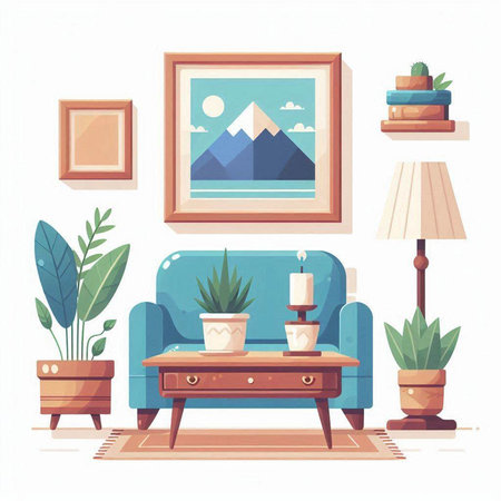Living room interior with furniture and plants. Vector illustration in flat styleのイラスト素材