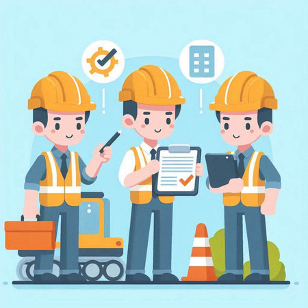Engineer and construction worker with checklist. Flat design vector illustration.のイラスト素材