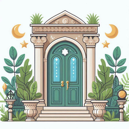 Illustration of an old wooden door with plants and crescent moonのイラスト素材