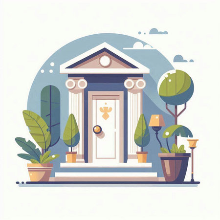 Vector illustration of a building with columns, trees and plants in pots.のイラスト素材
