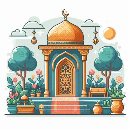 Vector illustration of a mosque on the background of the landscape. Cartoon style.のイラスト素材