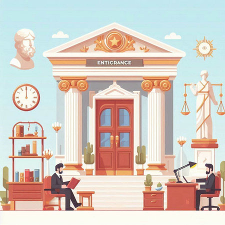 Bank building. Vector illustration in flat cartoon style. Businessman working on laptop.のイラスト素材