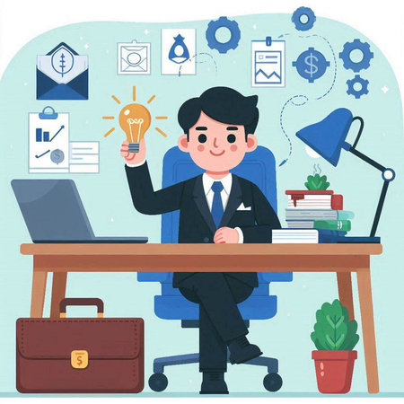 Businessman working at the office. Vector illustration in cartoon style.のイラスト素材