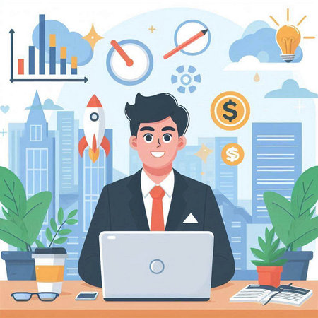 Businessman working with laptop in office. Flat design vector illustration.のイラスト素材