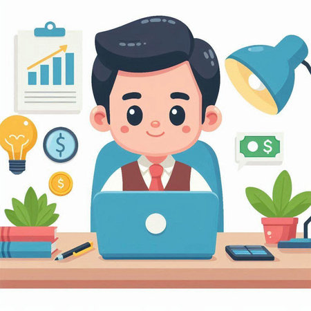 Businessman working on laptop at office desk. Vector illustration in cartoon style.のイラスト素材