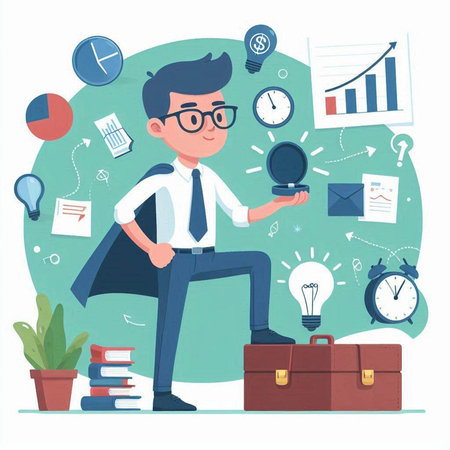 Businessman with a briefcase and a magnifying glass. Vector illustrationのイラスト素材